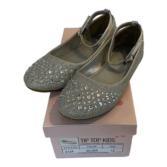 Tip Top Kids Other - Tip Top Girls Dress Shoes Silver Glitter Rhinestone 12
